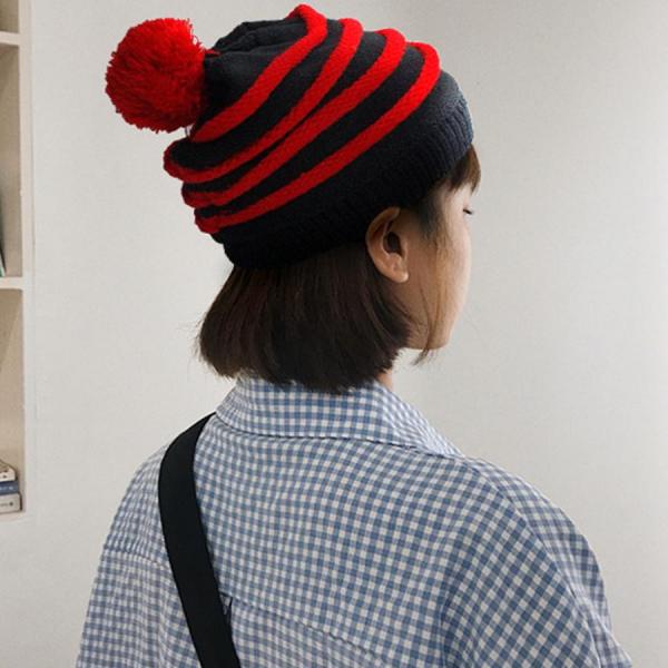 줄무늬 방울모 겨울 여성 기모 패션 비니 방한 모자 이미지/