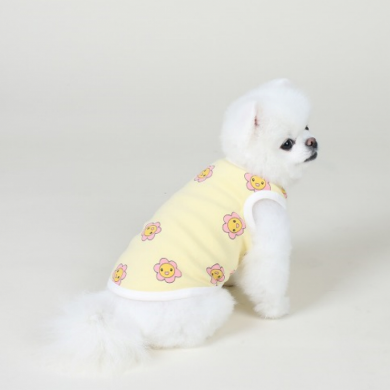 귀여운 강아지 스마일 꽃 티셔츠 (옐로우) 민소매 나시 옷 이미지/