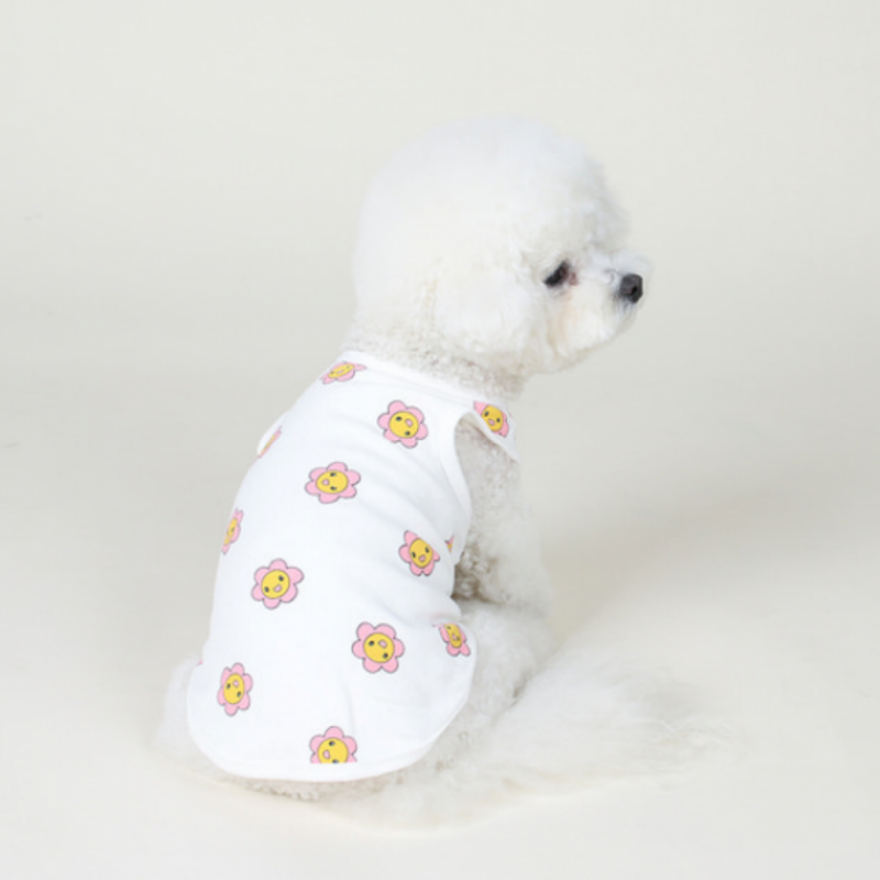 귀여운 강아지 스마일 꽃 티셔츠 (아이보리) 민소매 나시 옷 이미지/