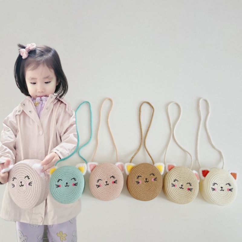 [앙상블] 아동 동글이 고양이 밀짚 가방 라탄 키즈 여아 크로스가방 백 여자 이미지/