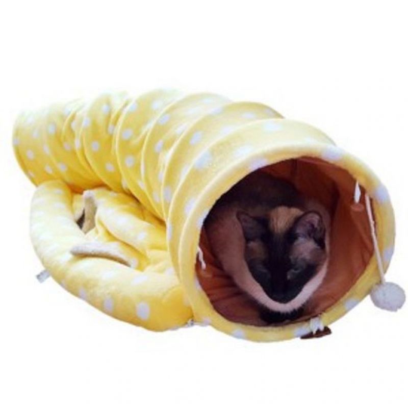 고양이 터널 방석 땡땡이 숨숨집 하우스 장난감 노랑 이미지/